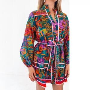 J.Marie Asher Multicolor Tropical Long Sleeve Button Front Dress Size XL